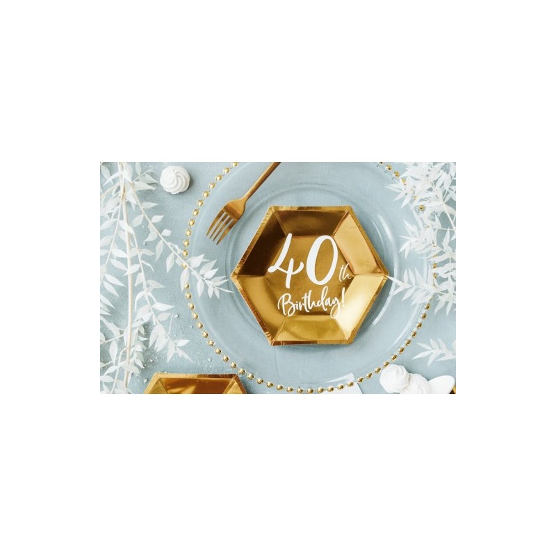 6 ASSIETTES HEXAGONALES EN CARTON  40 TH BIRTHDAY 20 X 17 CM