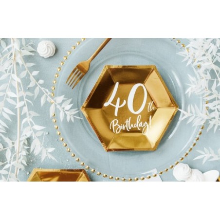 6 ASSIETTES HEXAGONALES EN CARTON  40 TH BIRTHDAY 20 X 17 CM