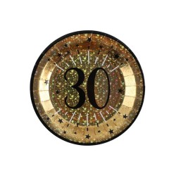 10 ASSIETTES ROND ETINCELANT METAL OR 30 ANS NOIR 