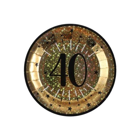 10 ASSIETTES ROND ETINCELANT METAL OR 40 ANS NOIR 