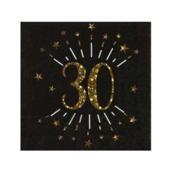 10 SERVIETTES  ETINCELANT METAL OR 30 ANS NOIR 