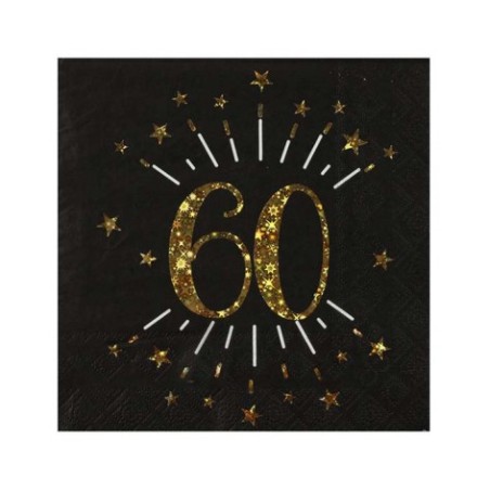 10 SERVIETTES  ETINCELANT METAL OR 60 ANS NOIR 