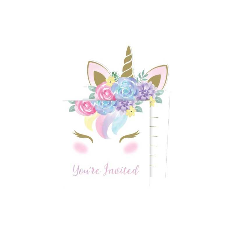 8 CARTES D'INVITATION LICORNE AVEC ENVELOPPES