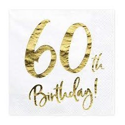 20 SERVIETTES  BLANC 60 TH BIRTHDAY  OR 33 X 33 CM 