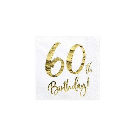 20 SERVIETTES  BLANC 60 TH BIRTHDAY  OR 33 X 33 CM 