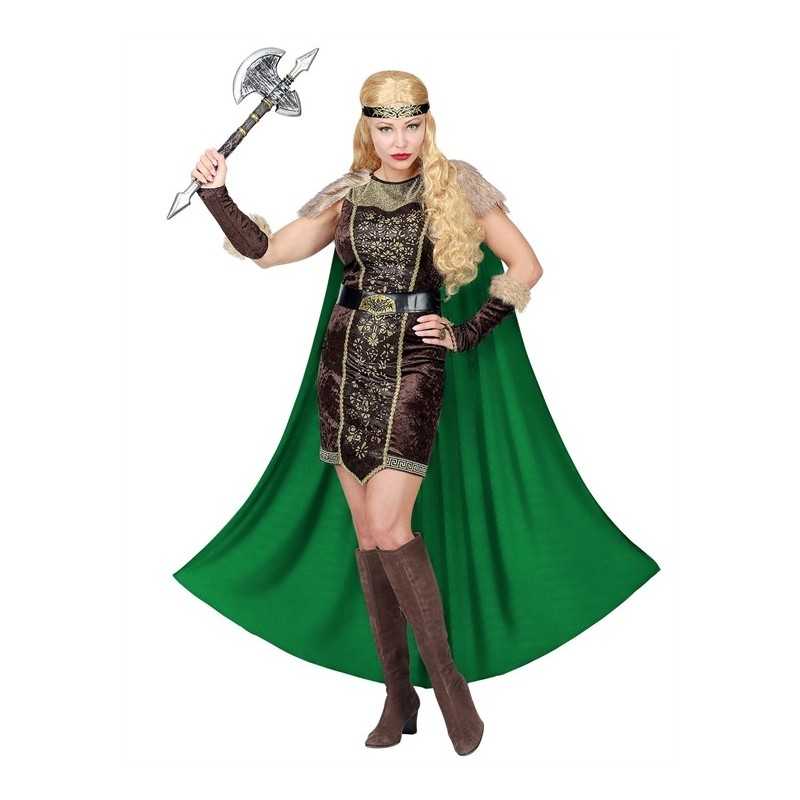 DEGUISEMENT FEMME VIKING MARRON AVEC CAPE VERTE TAILLE XS