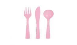 18 COUVERTS PLASTIQUE ROSE CLAIR 6 FOURCHETTES 6 COUTEAUX 6 CUILLERES