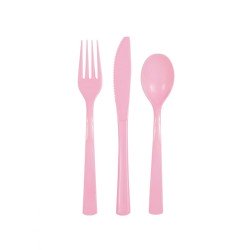 18 COUVERTS PLASTIQUE ROSE CLAIR 6 FOURCHETTES 6 COUTEAUX 6 CUILLERES