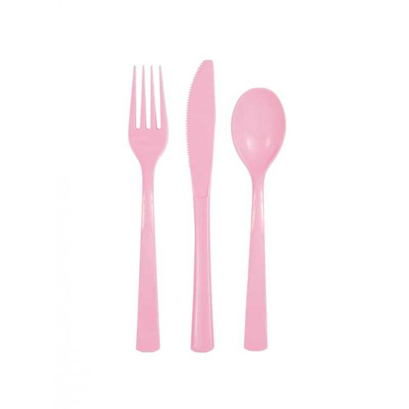 18 COUVERTS PLASTIQUE ROSE CLAIR 6 FOURCHETTES 6 COUTEAUX 6 CUILLERES