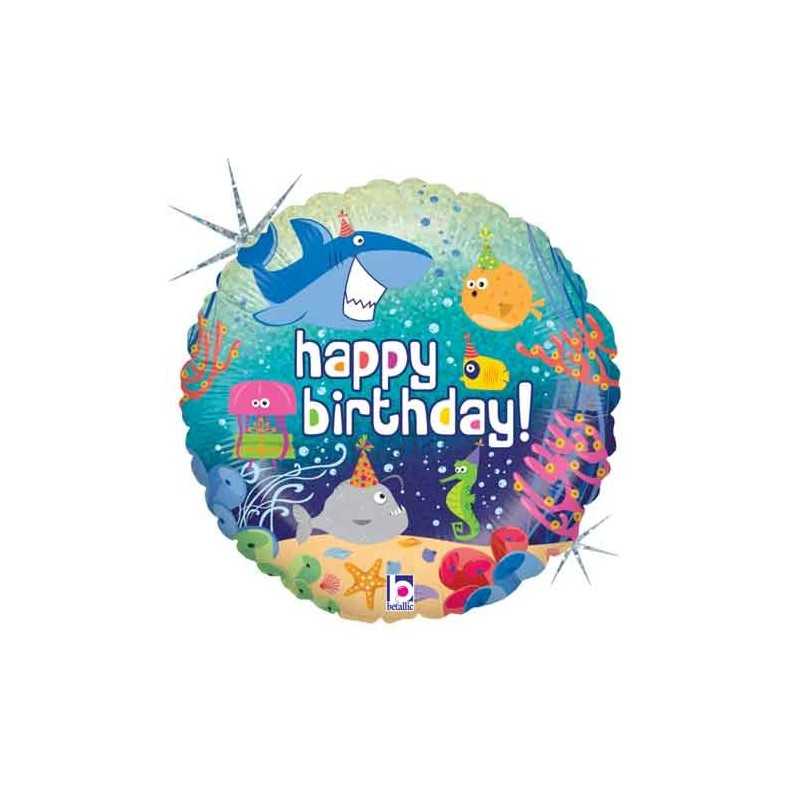 BALLON METALLIQUE ROND OCEAN HOLOGRAMME HAPPY BIRTHDAY 18 " 46 CM