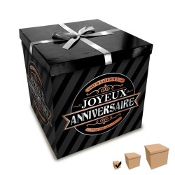 BOITE JOYEUX ANNIVERSAIRE NOIR ET OR   10 X 10 CM 