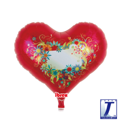 BALLON METALLIQUE COEUR JELLY ROUGE AVEC FLEURS 14"