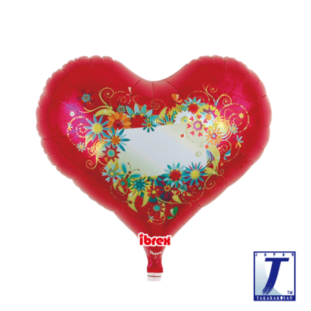 BALLON METALLIQUE COEUR JELLY ROUGE AVEC FLEURS 14"