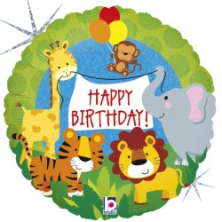 BALLON METALLIQUE ROND JUNGLE HAPPY BIRTHDAY 46 CM