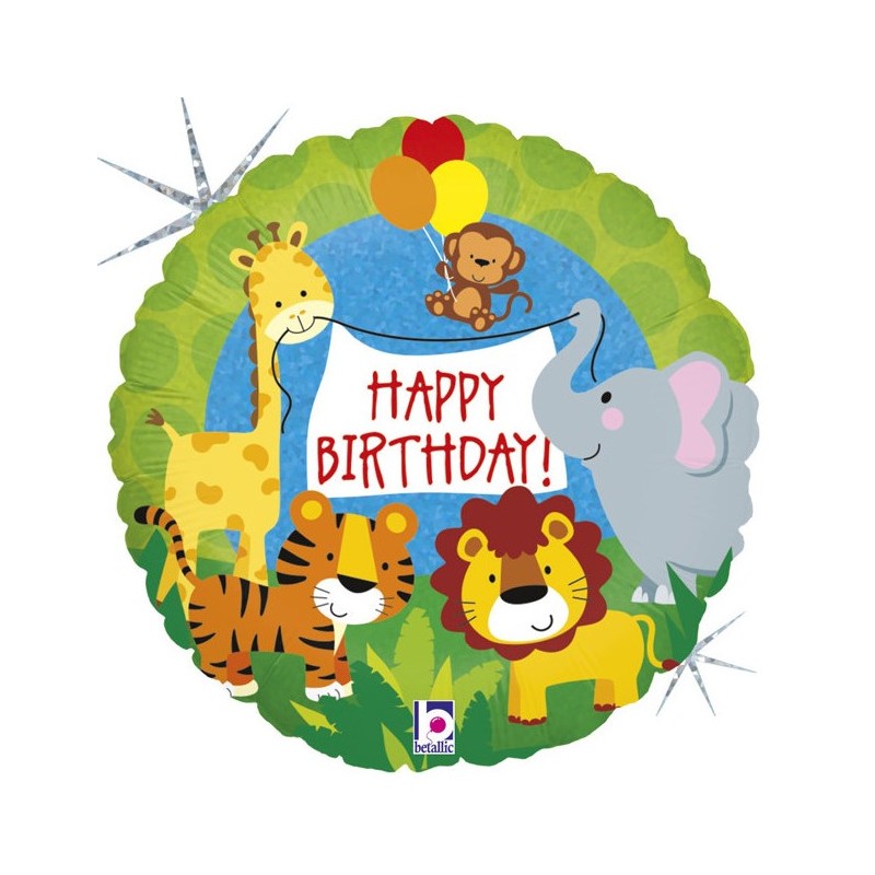 BALLON METALLIQUE ROND JUNGLE HAPPY BIRTHDAY 46 CM