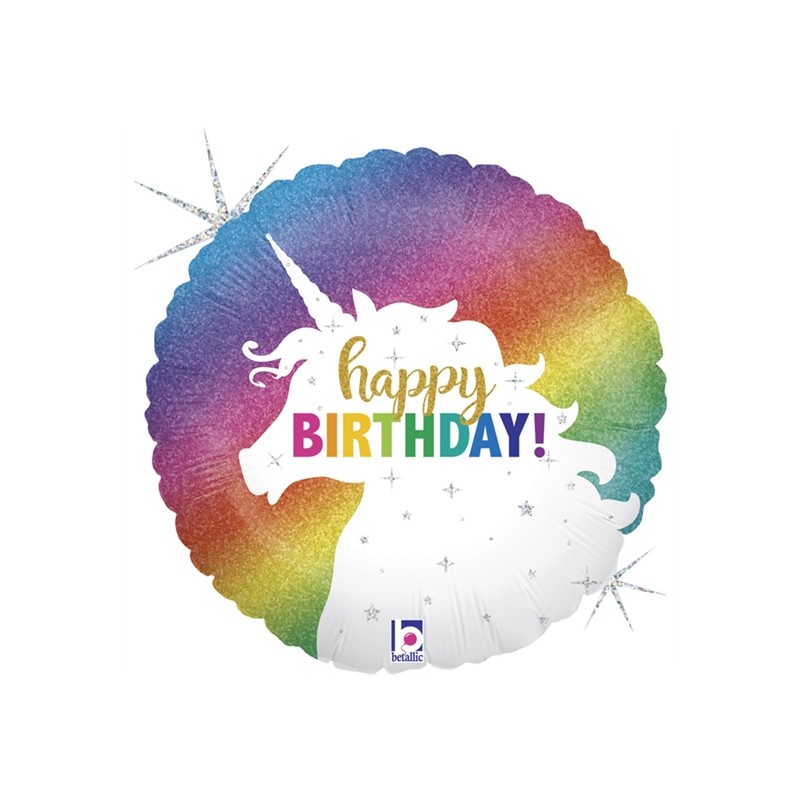 BALLON METALLIQUE ROND HAPPY BIRTHDAY LICORNE  46 CM 