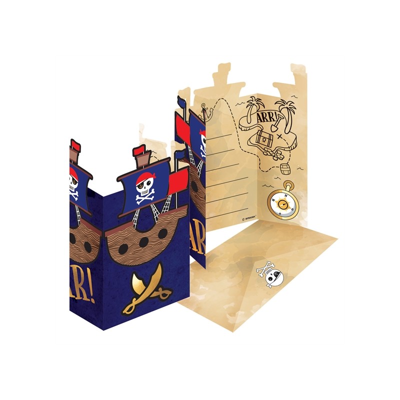 8 CARTES D'INVITATIONS + ENVELOPPES PIRATE 