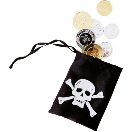 BOURSE DE PIRATE AVEC 12 PIECES DOREES ET ARGENTEES 