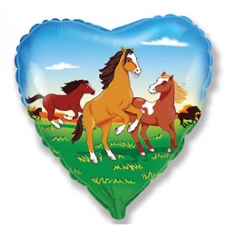 BALLON METALLIQUE FORME DE COEUR IMPRIME AVEC DES CHEVAUX 45 CM 