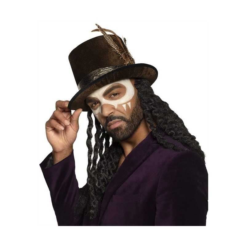 CHAPEAU HAUT DE FORME VAUDOU DREADLOCKS ET PLUMES DAMBALLAH