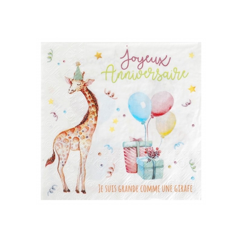 20 SERVIETTES HAPPY BIRTHDAY ZOO PARTY AVEC GIRAFE 