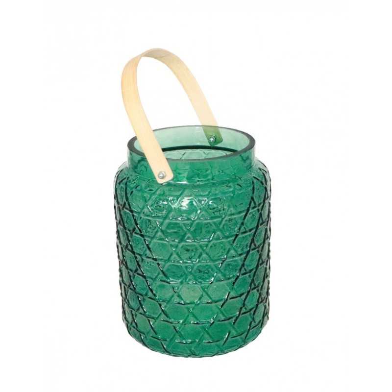 PHOTOPHORE EN VERRE VERT AVEC ANSE BAMBOU 18 X 26.7 CM 