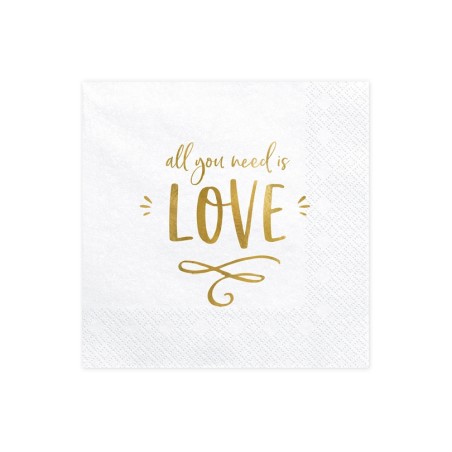 20 SERVIETTES CARREEE BLANCHE INSCRIPTION LOVE EN OR 33 X 33 CM 