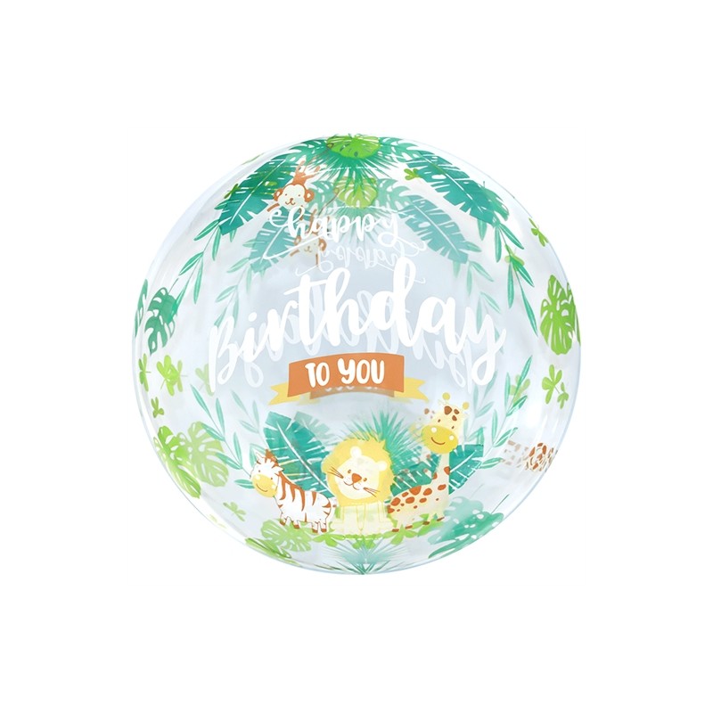 BALLON BOBO BUBBLE HAPPY BIRTHDAY ANIMAUX DE LA JUNGLE 50 CM