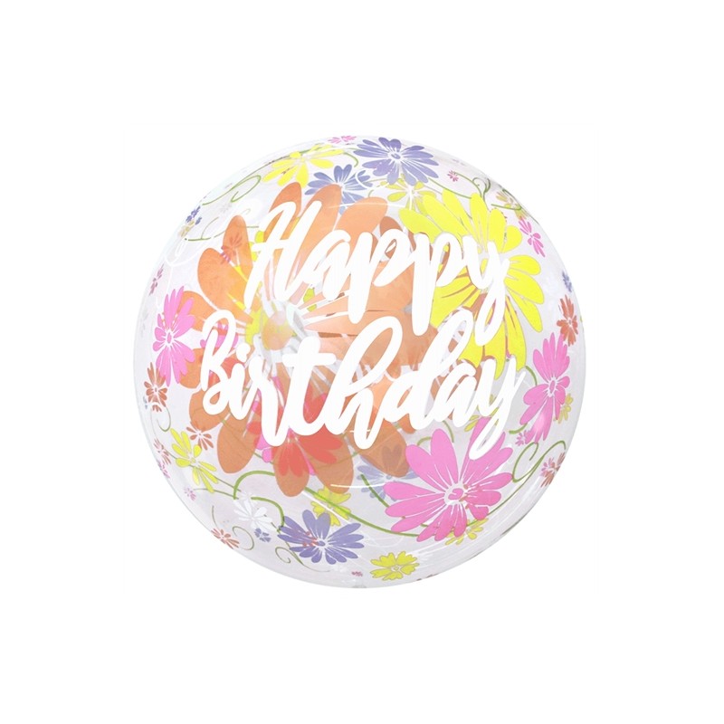 BALLON BUBBLE HAPPY BIRTHDAY FLEURS 20" 50 cm 