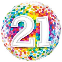 BALLON METALLIQUE ANNIVERSAIRE CHIFFRE 21 CONFETTIS MULTICOLORE 46 CM