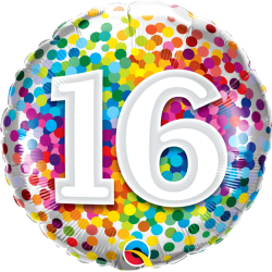 BALLON METALLIQUE ROND CONFETTIS MULTICOULEUR ANNIVERSAIRE CHIFFRE 16 18" 46 CM 