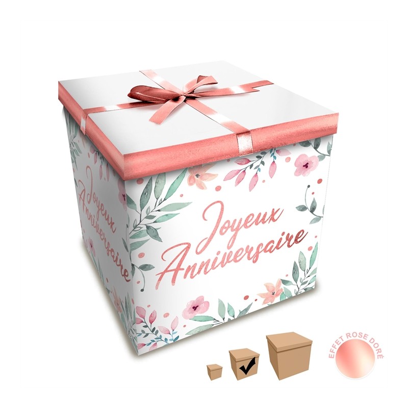 BOITE JOYEUX ANNIVERSAIRE ROSE GOLD FLEURI   20 X 20 CM 