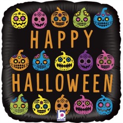 BALLON METALLIQUE CARRE HAPPY HALLOWEEN TETE DE MORT COLORE 45 CM 