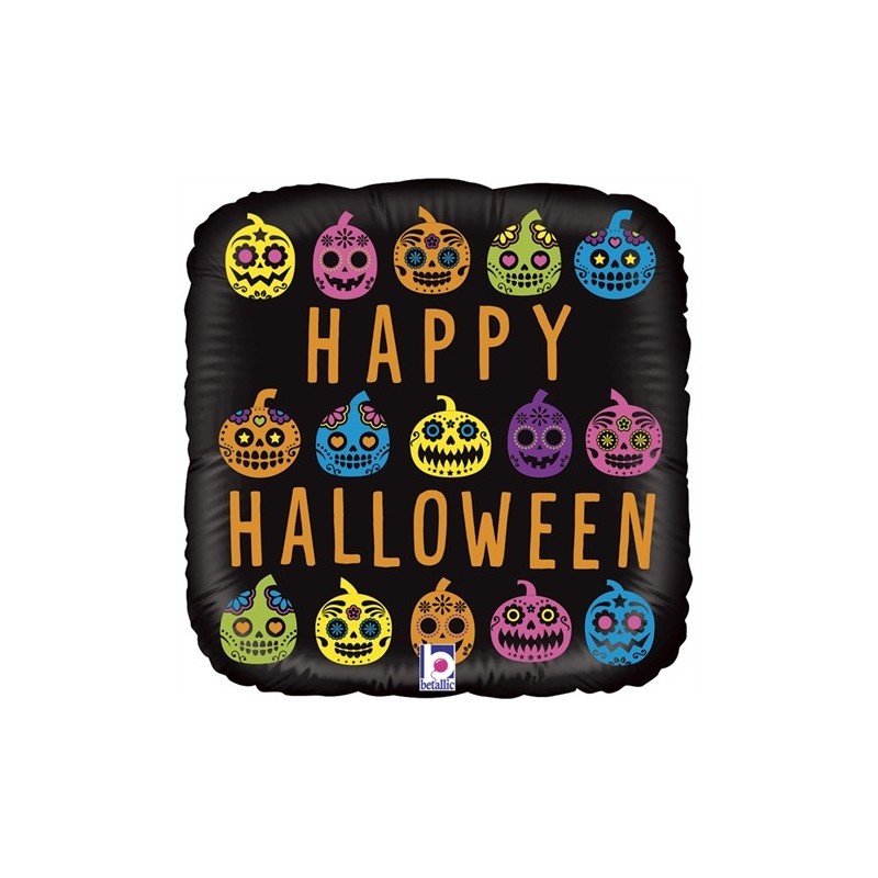 BALLON METALLIQUE CARRE HAPPY HALLOWEEN TETE DE MORT COLORE 45 CM  BALLON METALLIQUE CARRE HAPPY HALLOWEEN TETE DE MORT COLORE 45 CM