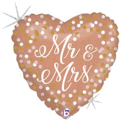 BALLON METALLIQUE COEUR MR & MRS CONFETTIS ROSE GOLD  46 CM 