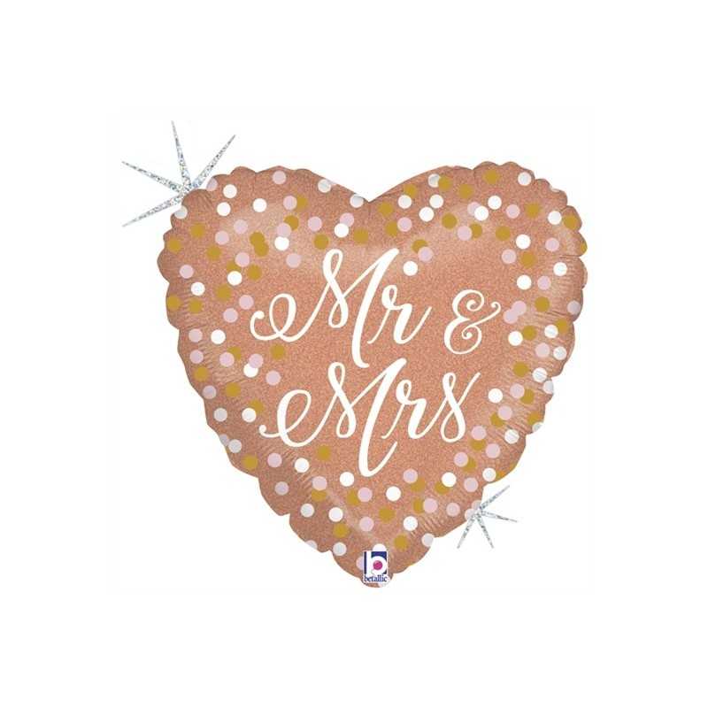 BALLON METALLIQUE COEUR MR & MRS CONFETTIS ROSE GOLD 46 CM 