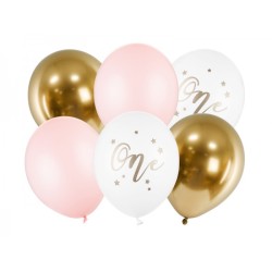 SACHET DE 6 BALLONS LATEX ONE OR, BLANC ET ROSE 30 CM 