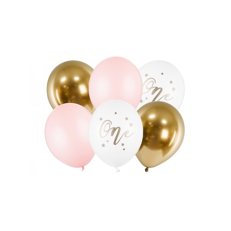 SACHET DE 6 BALLONS LATEX ONE OR, BLANC ET ROSE 30 CM 