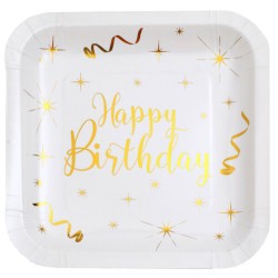 10 ASSIETTES BLANC HAPPY BIRTHDAY OR 