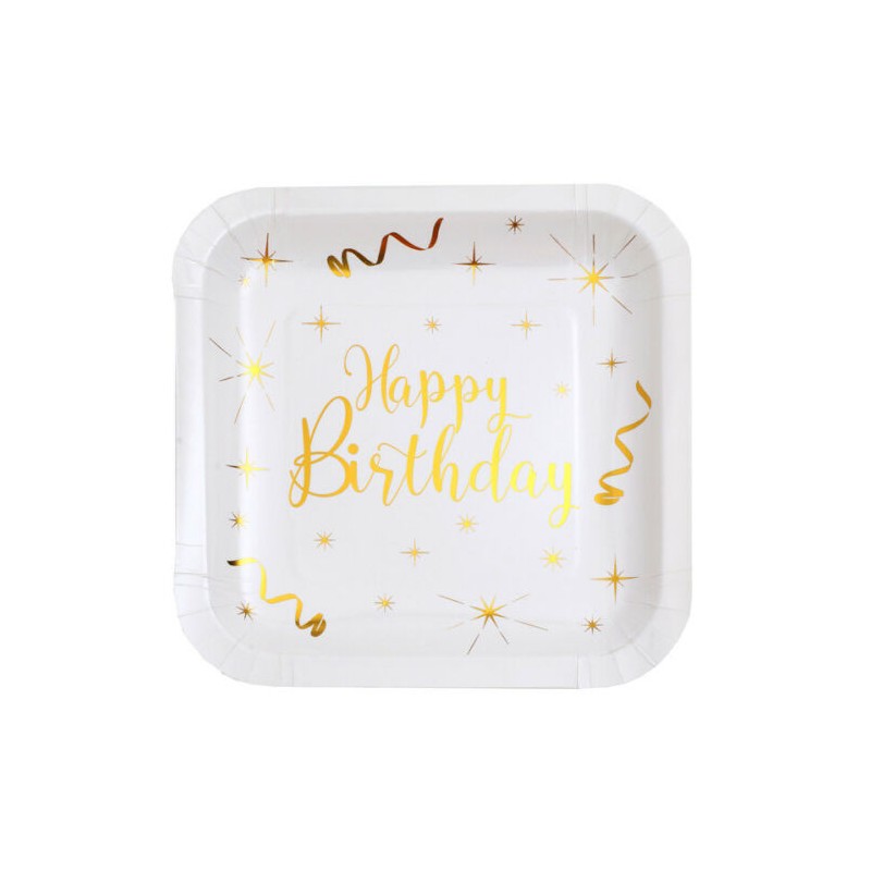 10 ASSIETTES BLANC HAPPY BIRTHDAY OR 