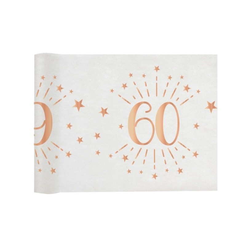 CHEMIN DE TABLE 60 ANS BLANC ET ROSE GOLD 30 CM X 5 M 