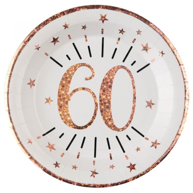 10 ASSIETTES ROND ETINCELANT METAL BLANC 60 ANS ROSE GOLD