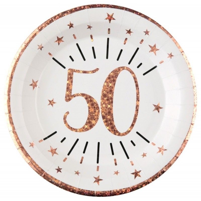 10 ASSIETTES ROND ETINCELANT METAL BLANC 50 ANS ROSE GOLD