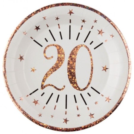 10 ASSIETTES ROND ETINCELANT METAL BLANC 20 ANS ROSE GOLD