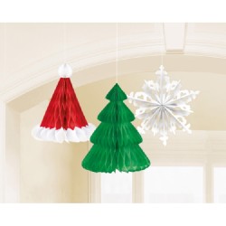 3 DECORATIONS ALVEOLE SAPIN, CHAPEAU DE NOEL ET ETOILE 35.5 CM 