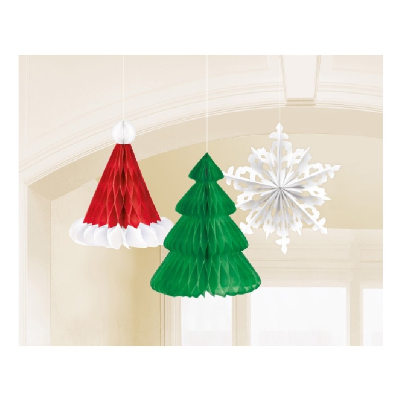 3 DECORATIONS ALVEOLE SAPIN, CHAPEAU DE NOEL ET ETOILE 35.5 CM 