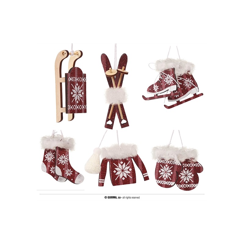 SET SUSPENSIONS DE NOEL EN BOIS ROUGE ET BLANC