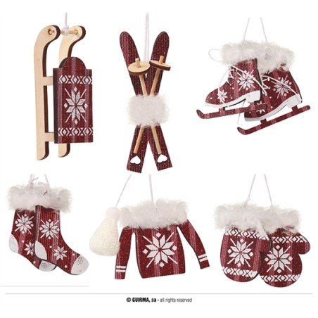 SET SUSPENSIONS DE NOEL EN BOIS ROUGE ET BLANC