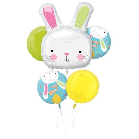 BOUQUET DE 5 BALLONS METALLIQUE LAPIN DE PAQUE