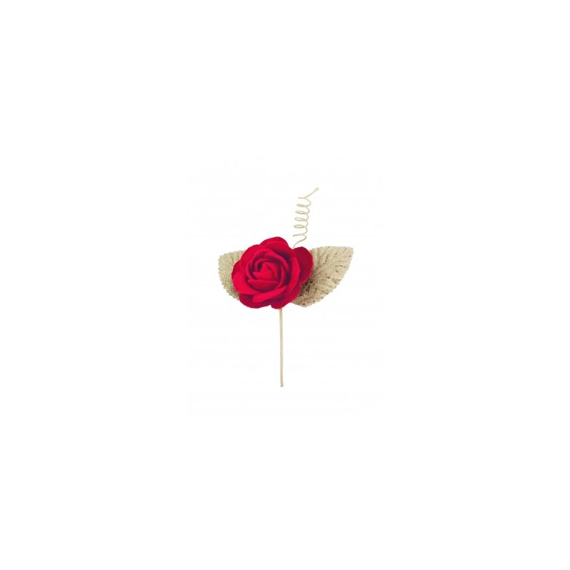 ROSE ROUGE SUR TIGE FEUILLES DOREES 4.5 CM X 11 CM